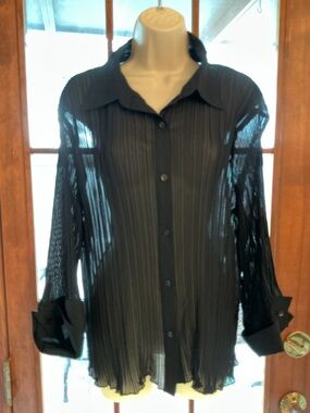 Semi-Sheer Pleated Button-Down Shirt - Black